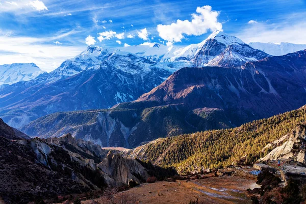 Panorámás Kilátás Nyílik Egy Népszerű Turistacélpont Útvonal Nepál Annapurna Circuit — Stock Fotó