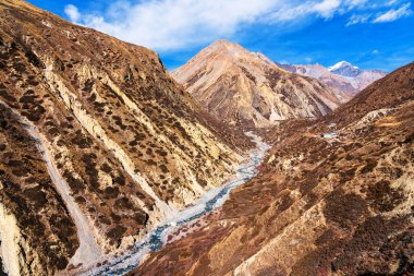 Nepal 'de popüler bir turizm beldesi olan Annapurna Circuit Trail' in panoramik manzarası. Thorong La ya da Thorung La geçidine ana kampa giden yol..