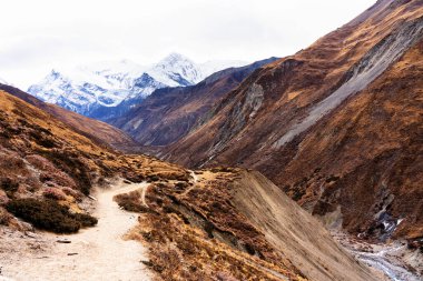 Nepal 'de popüler bir turizm beldesi olan Annapurna Circuit Trail' in panoramik manzarası. Thorong La ya da Thorung La geçidine ana kampa giden yol..