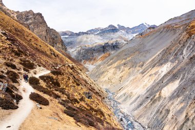 Nepal 'de popüler bir turizm beldesi olan Annapurna Circuit Trail' in panoramik manzarası. Thorong La ya da Thorung La geçidine ana kampa giden yol..