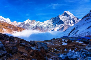 Gün batımında Machapuchare Dağı 'nın (Balıkkuyruk) manzarası, Nepal Himalaya' daki Annapurna ana kampından. Machhapuchchare, Nepal 'in kuzeyindeki Annapurna Himal bölgesinde bir dağdır.