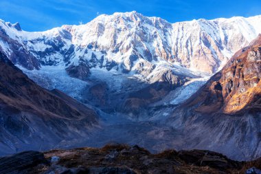 Annapurna ana kampından Annapurna Dağı 'nın sabah görüşü, Annapurna çevresindeki patika, Nepal