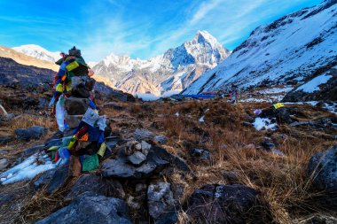 Gün batımında Machapuchare Dağı 'nın (Balıkkuyruk) manzarası, Nepal Himalaya' daki Annapurna ana kampından. Machhapuchchare, Nepal 'in kuzeyindeki Annapurna Himal bölgesinde bir dağdır.