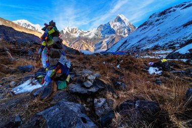 Gün batımında Machapuchare Dağı 'nın (Balıkkuyruk) manzarası, Nepal Himalaya' daki Annapurna ana kampından. Machhapuchchare, Nepal 'in kuzeyindeki Annapurna Himal bölgesinde bir dağdır.