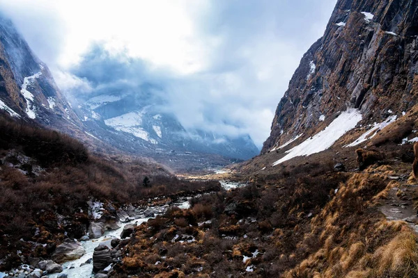 Trekking Región Annapurna Con Annapurnas Fondo — Foto de Stock