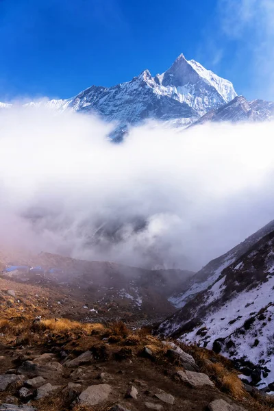 Panorama Hory Machapuchare Fishtail Při Západu Slunce Pohled Základního Tábora — Stock fotografie