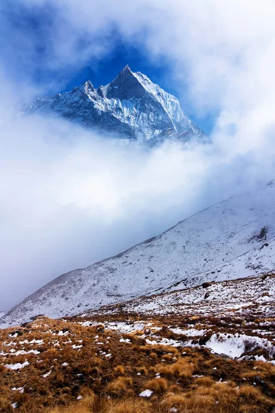 Panorama Hory Machapuchare Fishtail Při Západu Slunce Pohled Základního Tábora — Stock fotografie