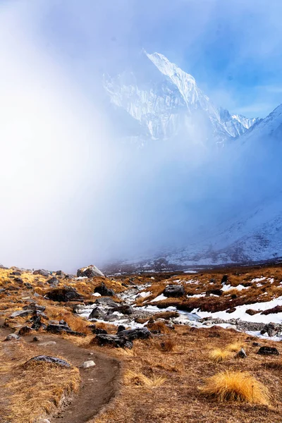 Panorama Hory Machapuchare Fishtail Při Západu Slunce Pohled Základního Tábora — Stock fotografie