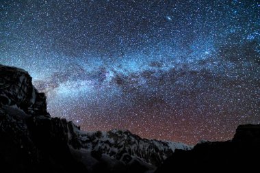 Samanyolu ve dağlar. Himalaya dağları ve yıldızlı gökyüzü ile Nepal 'de inanılmaz bir manzara. Karlı zirveli kayalar ve yıldızlı gökyüzü. Annapurna Dağları. Parlak Samanyolu ile gece manzarası