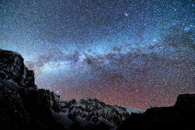 Samanyolu ve dağlar. Himalaya dağları ve yıldızlı gökyüzü ile Nepal 'de inanılmaz bir manzara. Karlı zirveli kayalar ve yıldızlı gökyüzü. Annapurna Dağları. Parlak Samanyolu ile gece manzarası