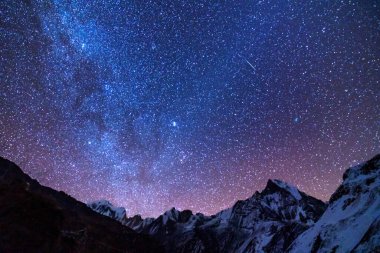 Samanyolu ve dağlar. Himalaya dağları ve yıldızlı gökyüzü ile Nepal 'de inanılmaz bir manzara. Karlı zirveli kayalar ve yıldızlı gökyüzü. Annapurna Dağları. Parlak Samanyolu ile gece manzarası