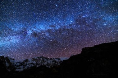 Samanyolu ve dağlar. Himalaya dağları ve yıldızlı gökyüzü ile Nepal 'de inanılmaz bir manzara. Karlı zirveli kayalar ve yıldızlı gökyüzü. Annapurna Dağları. Parlak Samanyolu ile gece manzarası