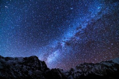 Samanyolu ve dağlar. Himalaya dağları ve yıldızlı gökyüzü ile Nepal 'de inanılmaz bir manzara. Karlı zirveli kayalar ve yıldızlı gökyüzü. Annapurna Dağları. Parlak Samanyolu ile gece manzarası