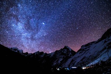 Samanyolu ve dağlar. Himalaya dağları ve yıldızlı gökyüzü ile Nepal 'de inanılmaz bir manzara. Karlı zirveli kayalar ve yıldızlı gökyüzü. Annapurna Dağları. Parlak Samanyolu ile gece manzarası