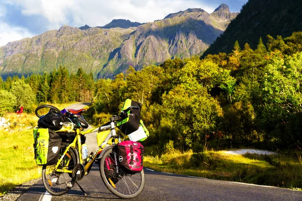 Lofoten Norway Setembro 2019 Bicicleta Carregada Pesada Com Panniers Bolsas — Fotografia de Stock