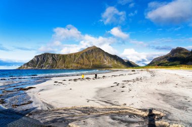 Kristal turkuaz suyla yıkanmış beyaz kumlar. Norveç, Lofoten Adaları 'ndaki Ramberg plajından deniz manzarası