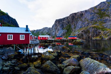 Nusfjord limanında renkli kırmızı balıkçı evleri ve Norveç 'in Lofoten Adaları' nda huzurlu bir akşamda yelkenli tekneleri var.