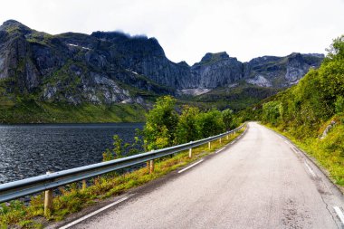 Norveç 'teki Lofoten adalarında deniz kenarındaki yol.