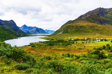 Tipik bir Lofoten Körfezi manzarası. Güzel, huzurlu bir günün sahnesi var. Lofoten Adaları dünyanın dört bir yanından gelen insanlar için popüler bir turizm merkezidir ve hala popülerlik kazanmaktadır. Norveç, Avrupa