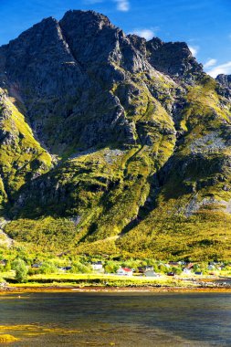 Tipik bir Lofoten Körfezi manzarası. Güzel bir günün sahnesi. Lofoten Adaları dünyanın dört bir yanından gelen insanlar için popüler bir turizm merkezidir ve hala popülerlik kazanmaktadır. Norveç Avrupa