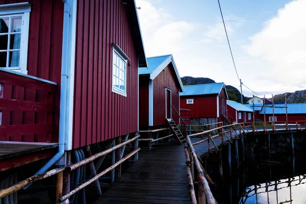 Nusfjord Harbor Colorful Red Fishing Houses Sailing Boat Peaceful Evening — стоковое фото