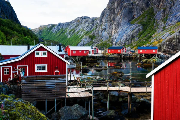 Λιμάνι Nusfjord Πολύχρωμα Κόκκινα Αλιευτικά Σπίτια Και Ιστιοπλοϊκό Ένα Ήσυχο — Φωτογραφία Αρχείου