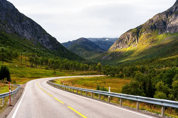 Живописная Асфальтированная Дорога Через Красивый Вид Горы Норвежском Острове Лоффель — стоковое фото