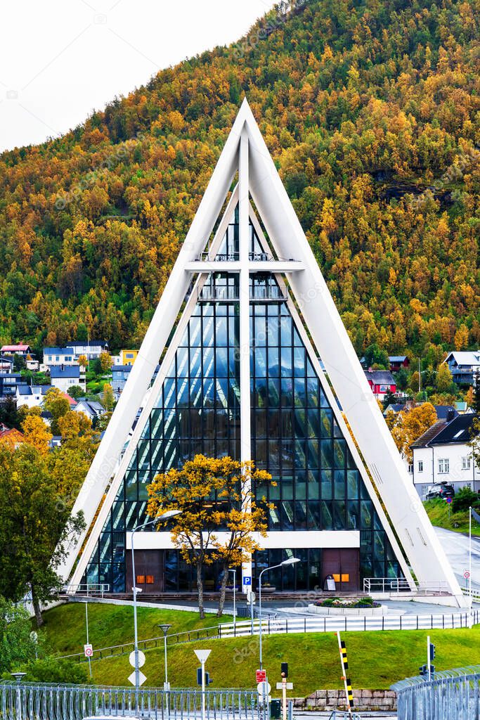 TROMSO, NORWAY - SEPT 12, 2019: Tromso Arctic Cathedral in Norway