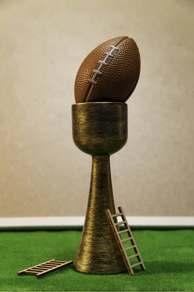 Troféu Futebol Americano Com Duas Escadas Madeira Grama Verde — Fotografia de Stock