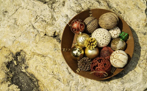 Group Christmas Ball Ornament Wooden Basket Rock — Stock Photo, Image