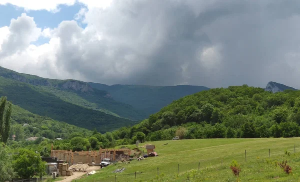 Summer landscape and construction in the countryside in the mountains on the Crimean peninsula