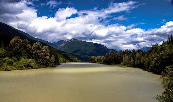 Fliederfluss Nach Gewitter Bewaldete Ufer Hoher Wasserstand Wasser Gelbbraun Dramatischer — Stockfoto