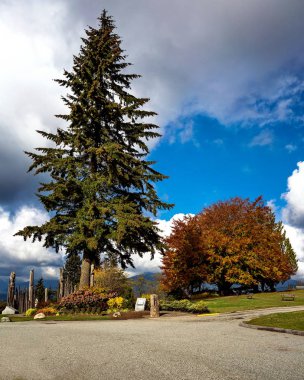 Giriş Burnaby Mountain Park Totem direkleri ve uzun boylu ağaçlar bulutlu gökyüzü arka planı