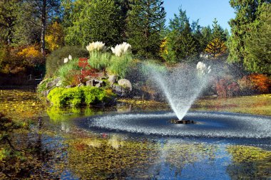 Van Dusen Park çeşme ile Gölet, güneşli sonbahar günü Gökkuşağı Çeşme renkli görünümünde, mavi gökyüzü nün arka planda yeşil ve sarı ağaçlar