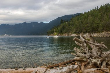 Batı Vancouver kıyısındaki sahil köyü ve marina, marinadaki yat ve motorlu tekne dağ sırasının gerisinde ve bulutlu bir gökyüzü. BC feribotu ufukta