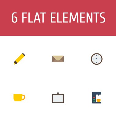 Duvar saati, posta, işaret ve diğer simgeler web mobil app logo tasarımı için Büro simgeler düz stil sembollerle kümesi.