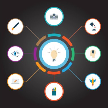 Orijinal simgeleri düz stil sembolleri ile masa lambası, kavram, vizyon ve web mobil app logo tasarımı için diğer simgeler kümesi.