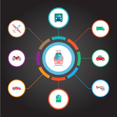 Tramvay, kamyon, uçak ve diğer simgeler web mobil app logo tasarımı için araç simgeleri düz stil sembollerle kümesi.