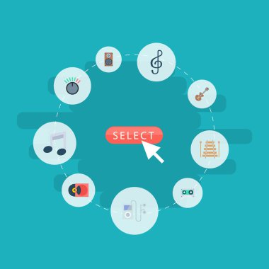 Kaset, ksilofon, ses aygıtı ve diğer simgeler web mobil app logo tasarımı için müzik simgeleri düz stil sembollerle kümesi.