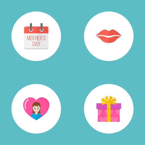 Feliz día de las madres icono de diseño plano con regalo, calendario y labios símbolos. Preciosa mamá hermoso diseño femenino para social, web e impresión . — Vector de stock