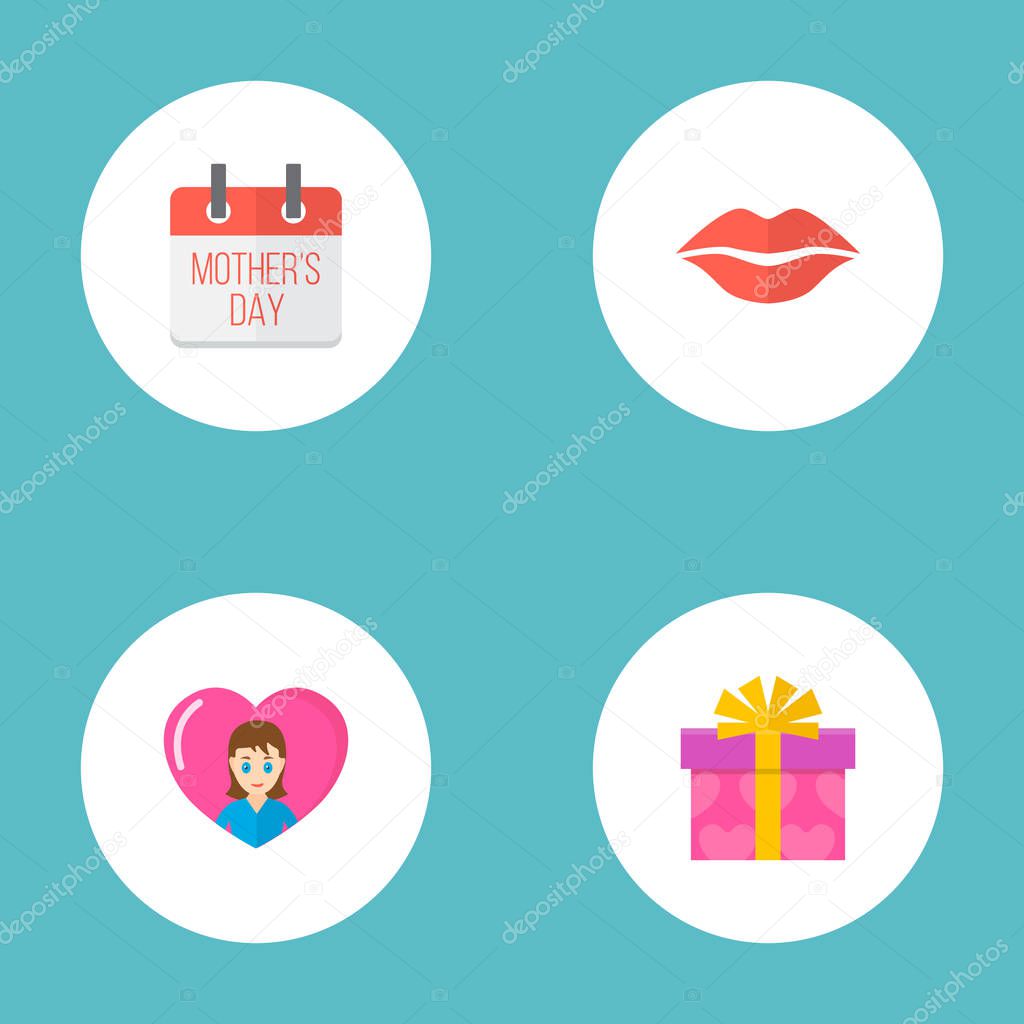 Happy mothers day icon flat layout design with gift, calendar and lips symbols. Lovely mom beautiful feminine design for social, web and print.