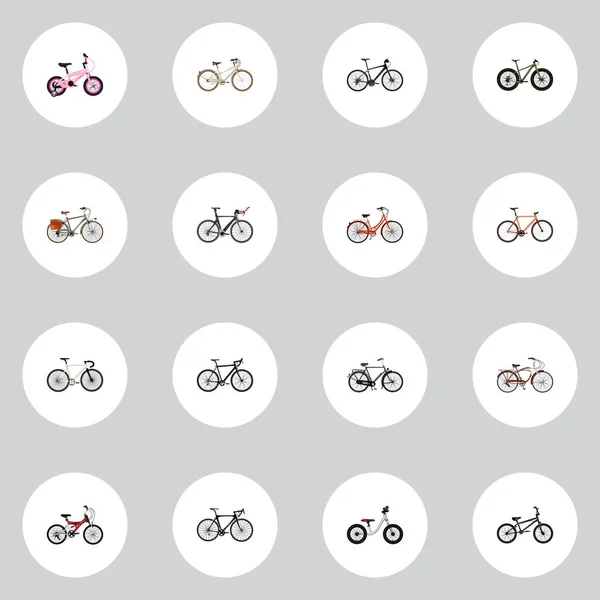 Набір реалістичних символів велосипеда з постманом, дітьми, дерев'яними та іншими піктограмами для дизайну логотипу вашого мобільного додатку . — стоковий вектор
