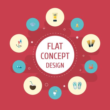 Ayarla yaz simgeler düz stil sembollerle palet, uçurtma, kum, web mobil app logo tasarımı için simgeler.