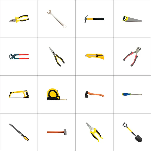 Набір інструментів реалістичних символів з молотком, сокирою, ножівкою та іншими піктограмами для дизайну логотипу вашого мобільного додатку . — стоковий вектор