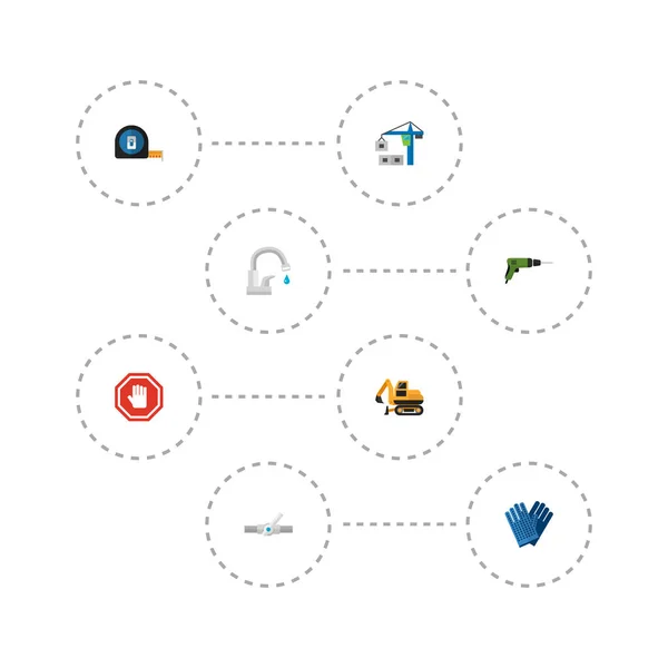 Conjunto de iconos de la industria símbolos de estilo plano con mano, cinta métrica, iconos de perforación para el diseño del logotipo de su aplicación móvil web . — Vector de stock