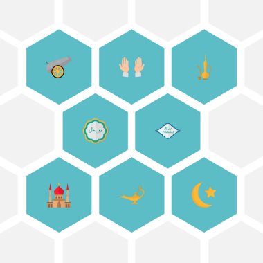 Tatil simgeler düz stil sembolleri Camii, Arapça hat, kandil ve web mobil app logo tasarımı için diğer simgeler kümesi.