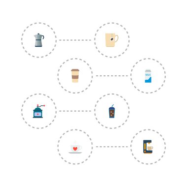 Kahve kapsül, uçan daire, mocha değirmeni ve diğer simgeler web mobil app logo tasarımı için içecek simgeler düz stil sembollerle kümesi.