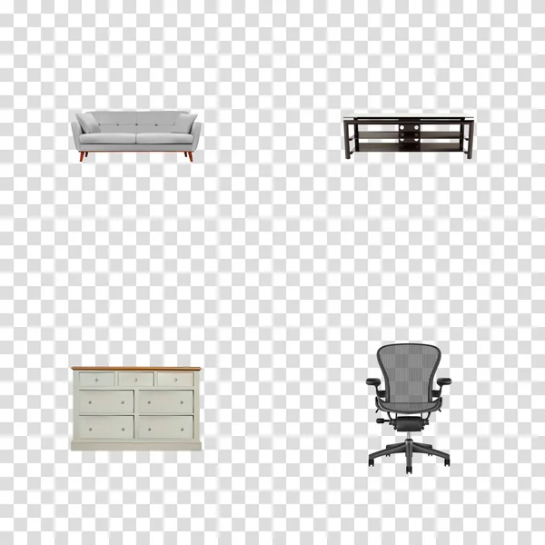 Sor dekoráció reális szimbólumok, irodai szék, asztal, divan és más ikonok a webes mozgatható app logo tervezés. — Stock Vector