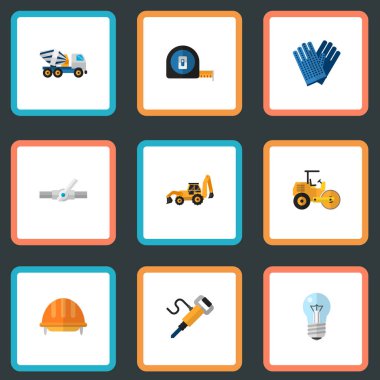 Sıhhi tesisat, iş eldivenleri, beton mikseri ve diğer simgeler web mobil app logo tasarımı için inşaat simgeler düz stil sembollerle kümesi.