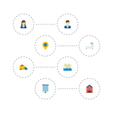 Emlak simgeleri düz stil sembolleri broker, emlakçı, havuzu ve web mobil app logo tasarımı için diğer simgeler kümesi.